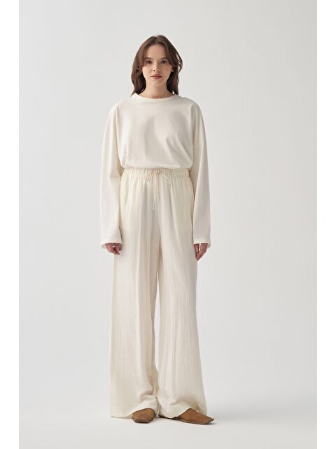 ALLDAY Ekru-Beli Lastikli Müslin Pantolon