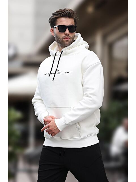 Madmext Ekru Kapüşonlu Nakış Detaylı Cepli  Erkek Hoodie - S000240607-19965