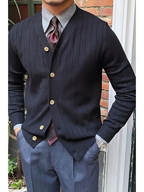 Oksit Michel Dar Kesim Slim Fit Düğmeli V Yaka Hırka Erkek Hırka - S000453224-19351