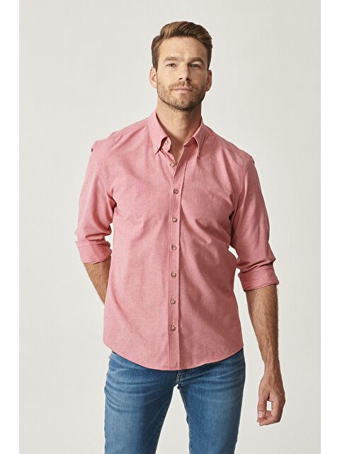 AC&Co / Altınyıldız Classics Erkek Kırmızı Slim Fit Dar Kesim Düğmeli Yaka Pamuklu Oxford Gömlek - S000402430-20045