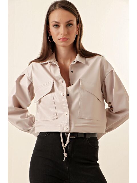 Hazelin Kadın Krem Kısa Suni Deri Cep Detaylı Balon Kollu Crop Ceket - S000122839-19966