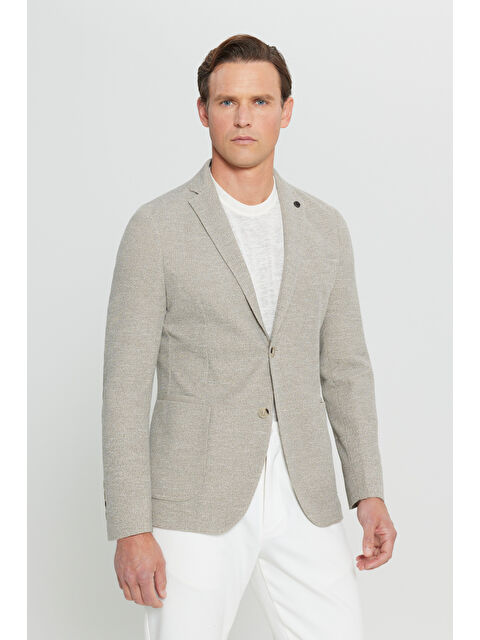 Altınyıldız Classics Erkek Bej Pamuklu Slim Fit Dar Kesim Mono Yaka Torba Cepli Armürlü Blazer Ceket - S000491177-19928