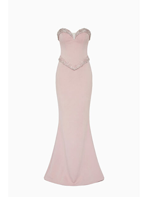 Lafaba Kadın Pudra Straplez Yaka Taşlı Uzun Balık Abiye Elbise