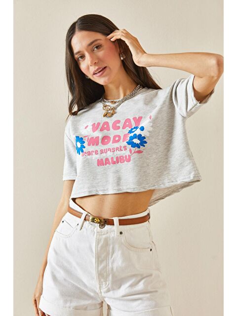 Xhan Gri Baskılı Bisiklet Yaka Crop Tişört 5YXK1-48564-03 - S000207168-20600