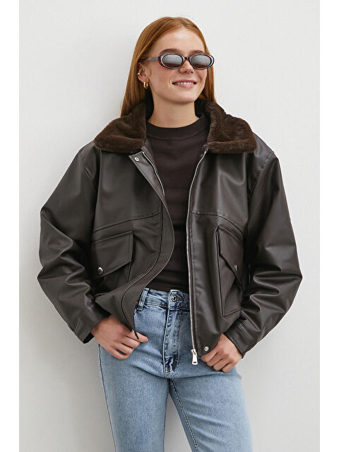 Never More Pelüş Astar Detaylı Deri Mont Kahve - S000487626-23173