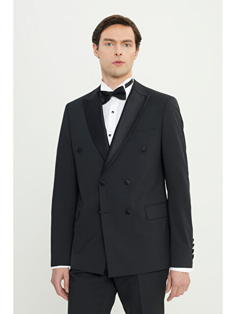 Altınyıldız Classics Erkek Siyah Yünlü Slim Fit Dar Kesim Kırlangıç Yaka Kapak Cepli Kruvaze Damatlık Smokin Takım - S000491180-19351