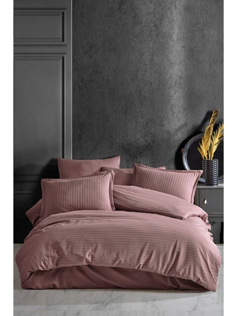 Clasy %100 Pamuk Çizgili Saten Nevresim Takımı Çift Kişilik Düz Renk Rose - S000276460-20028
