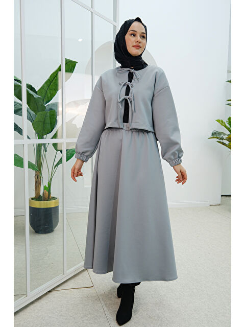 Locco Moda Önü Bağlamalı Etekli Takım Gri - S000314354-20600