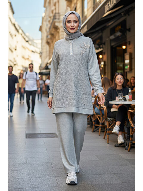 Remsa Kadın Boncuk İşleme Detay Simli Örme Kumaş Tunik Pantolon Takım 7323 Gri - S000487672-20600
