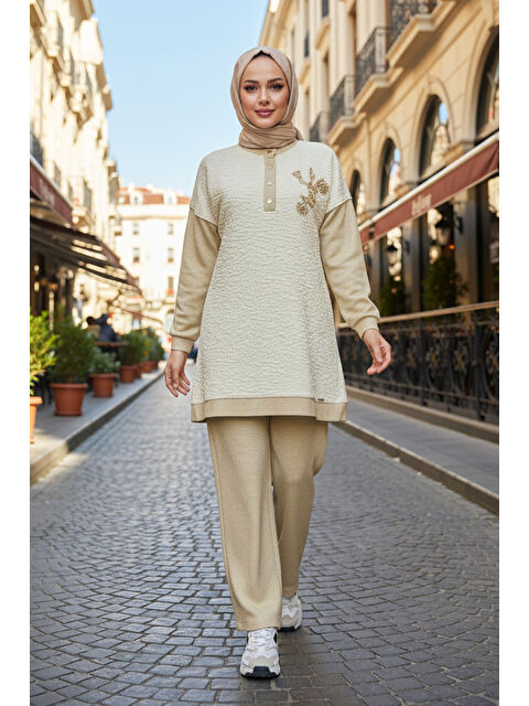 Remsa Kadın Boncuk İşleme Detay Simli Örme Kumaş Tunik Pantolon Takım 7323 Krem - S000487672-19966