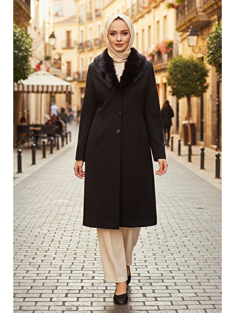 Remsa Kürk Detay Kaşmir Kaban 6331 Siyah - S000487673-19351