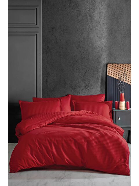 Clasy %100 Pamuk Çizgili Saten Nevresim Takımı Çift Kişilik Düz Renk Kırmızı - S000276472-20045