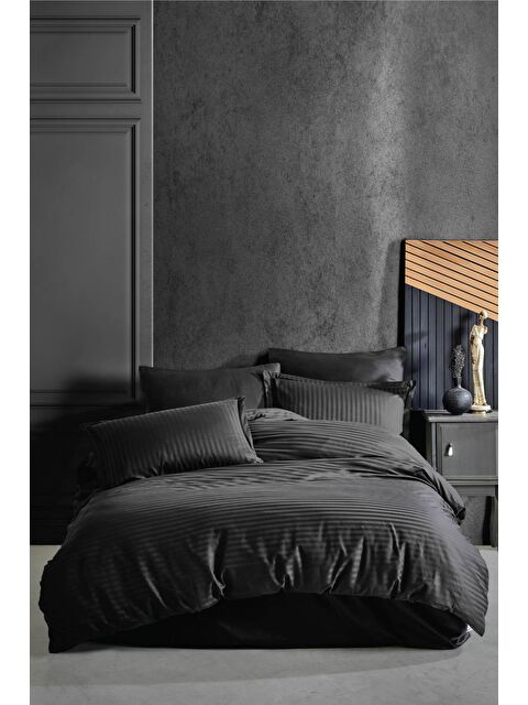 Clasy %100 Pamuk Çizgili Saten Nevresim Takımı Çift Kişilik Düz Renk Siyah - S000276468-19351