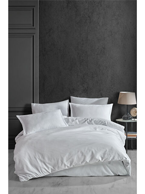 Clasy %100 Pamuk Çizgili Saten Nevresim Takımı Çift Kişilik Düz Renk Beyaz - S000276462-20063