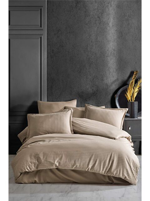 Clasy %100 Pamuk Çizgili Saten Nevresim Takımı Çift Kişilik Düz Renk Açık Kahve - S000276474-29705