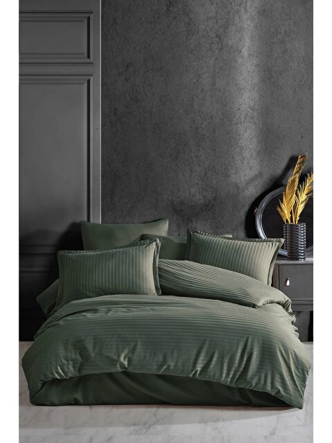 Clasy %100 Pamuk Çizgili Saten Nevresim Takımı Çift Kişilik Düz Renk Haki - S000276469-18547