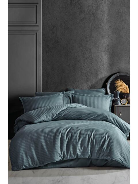 Clasy %100 Pamuk Çizgili Saten Nevresim Takımı Çift Kişilik Düz Renk İndigo Gri - S000276467-23093