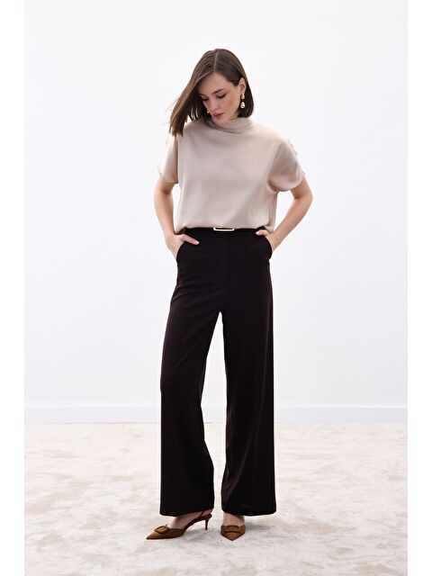 SATEEN Palazzo Krep Pantolon - Kahve - S000487676-19413