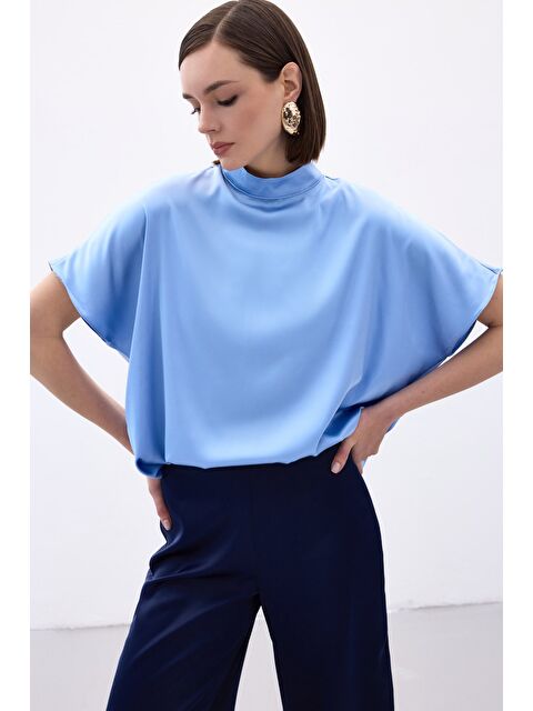SATEEN Yarasa Kol Salaş Bluz - Bebe Mavi - S000323453-3642