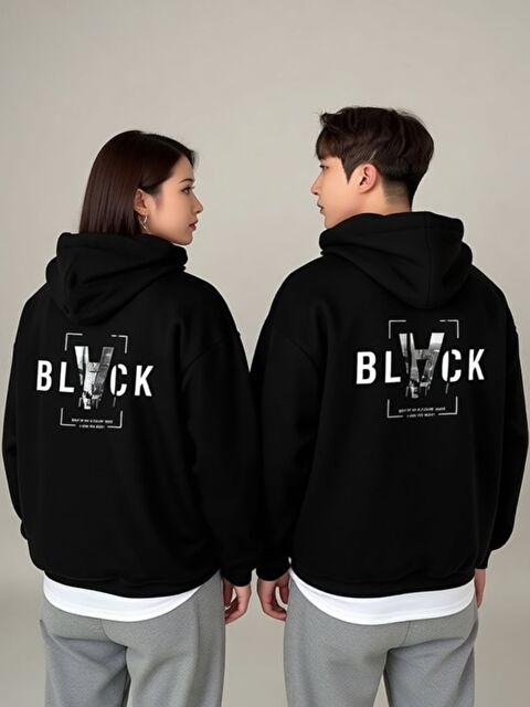 Trendseninle 2Li Sevgili Kombini Siyah Black Baskılı Kapüşonlu Uzun Kollu Hoodie - S000491188-19351