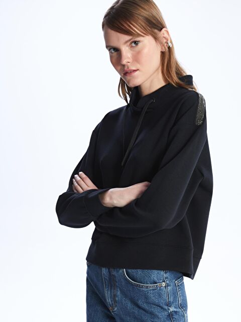 Dexia Nice - Taş Detaylı Modal Rahat Kalıp Hoodie- Siyah Renk - S000122514-19351