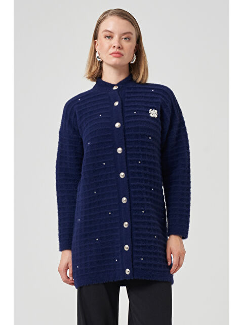 Nuss Taş ve Broş Detay Angora Hırka 7010 Lacivert - S000478498-21164