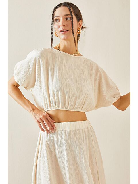 Xhan Bej Bisiklet Yaka Lastikli Crop Bluz 5YXK2-48837-25 - S000236662-19928