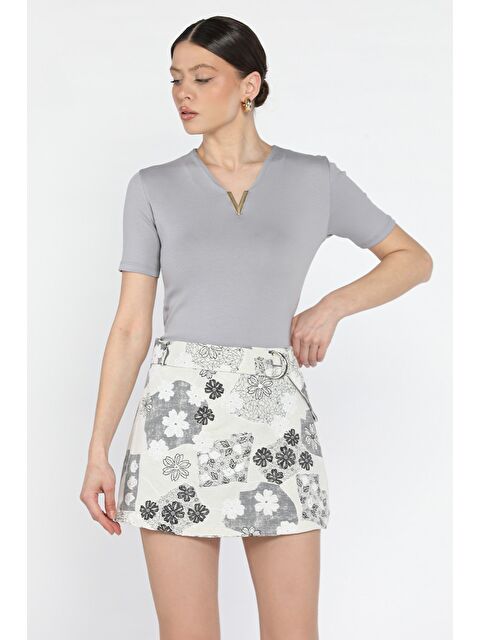 Gülseli Kadın Kemer Detaylı Desenli Keten Şort Etek - S000379932-25636