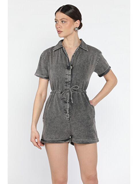 Gülseli Kol Katlamalı Bel Bağcıklı Jean Tulum