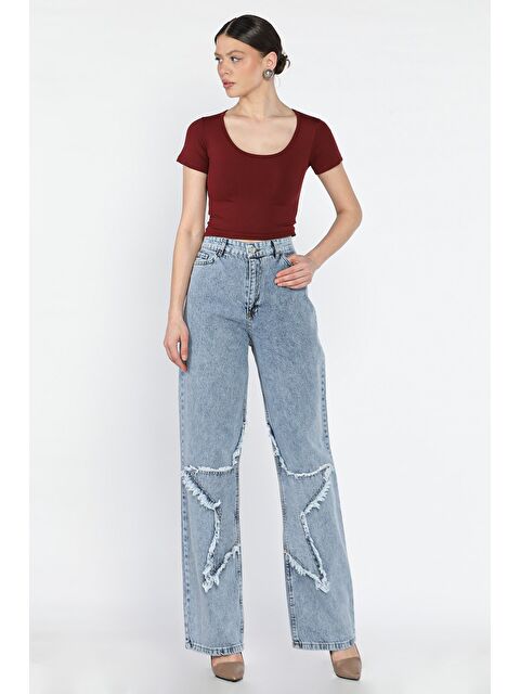 Gülseli Kadın Yüksek Bel Yıldız Detaylı Palazzo Jean Pantolon - S000379940-3642