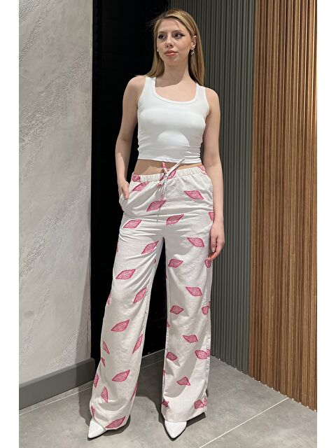 Gülseli Kadın Bel Lastikli Nakışlı Yüksek Bel Keten Pantolon - S000379941-25636