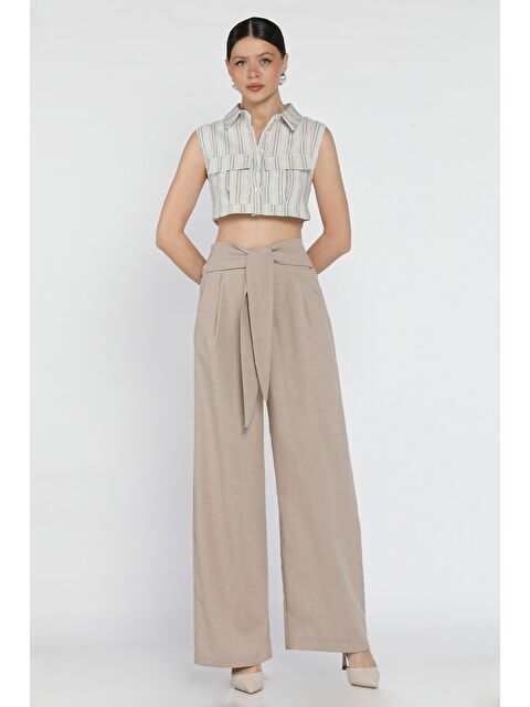 Gülseli Bel Bağlamalı Fermuarlı Kadın Keten Pantolon - S000379951-26429