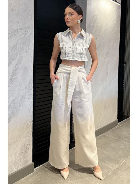 Gülseli Bel Bağlamalı Fermuarlı Kadın Keten Pantolon - S000379951-25636