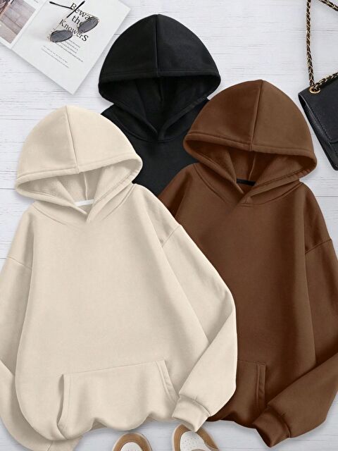 Trendseninle 3lü Kapüşonlu Set Kahve Siyah Bej Düz Oversize Sweatshirt Hoodie - S000465931-27206
