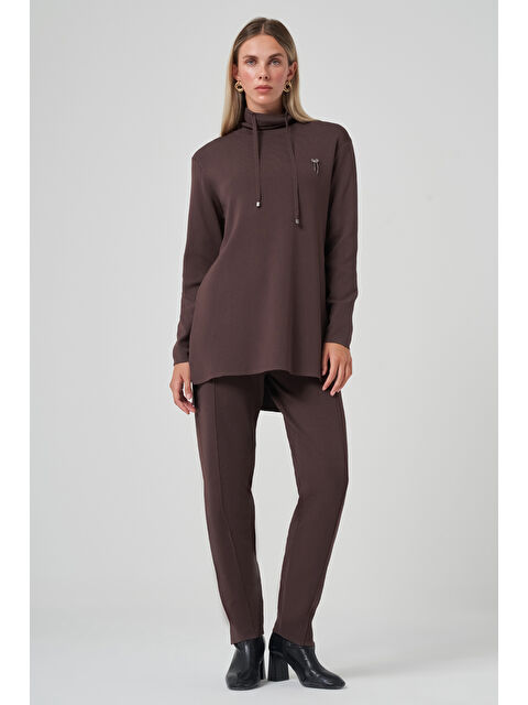 Nuss Dik Yaka Sweat Pantolon Triko Takım 1353 Kahverengi - S000468375-19413