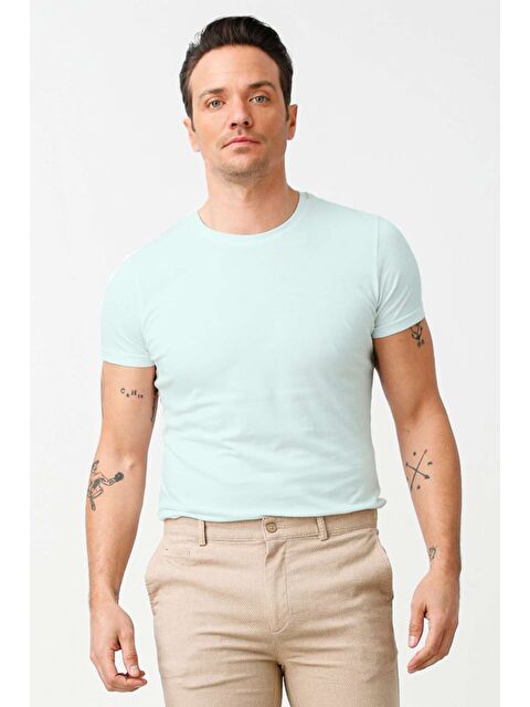 igs Açık Mavi Dar Kalıp Bisiklet Yaka Düz Kısa Kollu  %100 Pamuk Tişört - S000490454-1091