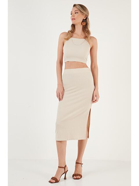 Lela Yüksek Bel Yırtmaçlı Dar Kesim Midi Kadın Etek 5865600 - S000189032-25636