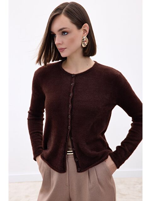 SATEEN Düğmeli Sakallı Hırka - Kahve - S000487677-19413