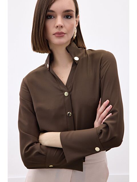 SATEEN Çıt Çıt Detaylı Gömlek - Kahve - S000358417-19413