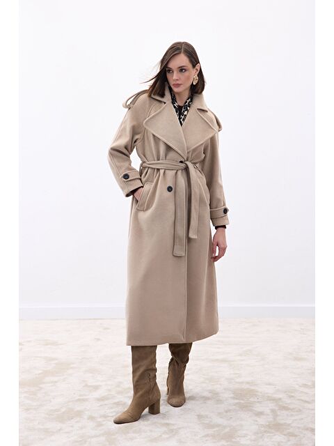 SATEEN Geniş Yaka Uzun Kaban - Bej - S000481685-19928