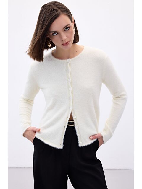 SATEEN Düğmeli Sakallı Hırka - Ekru - S000487677-19965