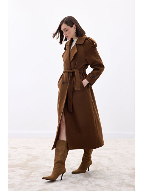 SATEEN Geniş Yaka Uzun Kaban - Kahve - S000481685-19413