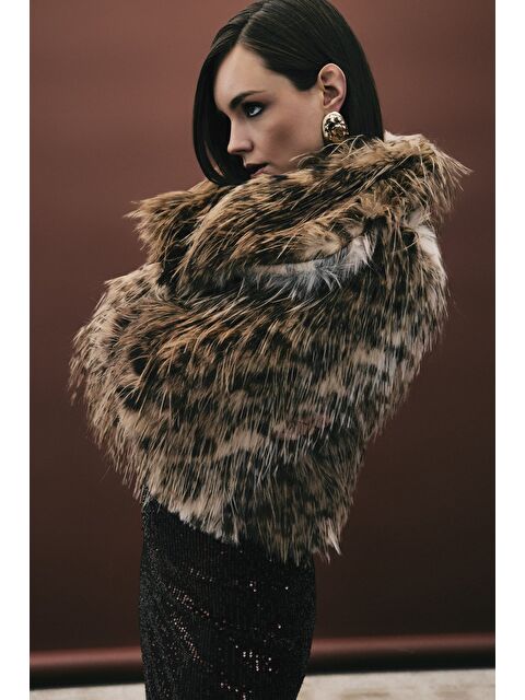 SATEEN Leopar Desenli Kürk - Kahve - S000487678-19413