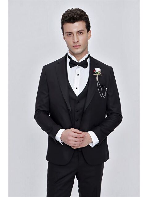 İMZA Siyah Armürlü Çıkarılabilir Mono Yaka Yelekli 6 Drop Slim Fit Smokin Damatlık 1001225202 - S000388060-19351