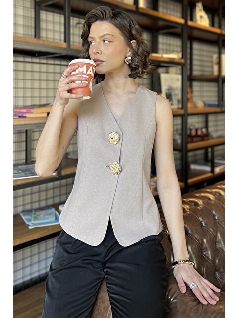 Gülseli Düğme Detaylı Kadın Keten Yelek - S000379788-19928