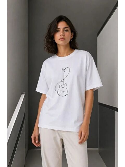 Jane's Minimal Gitar Baskılı Tişört T-Shirt Yazlık Kısa Kol Bisiklet Yaka T-Shirt - Beyaz