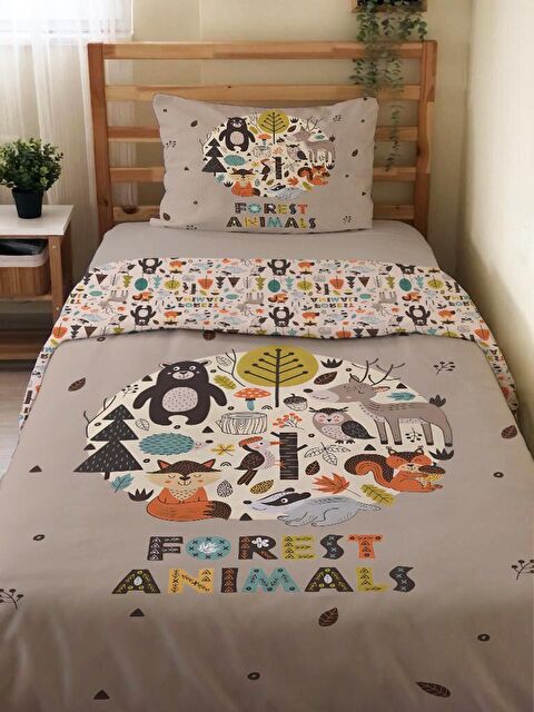 Evmila Çift Taraflı Orman Hayvanları Desenli Çarşafsız Takım Tek Kişilik Nevresim Takımı 160x220 Cm - S000123417-23173