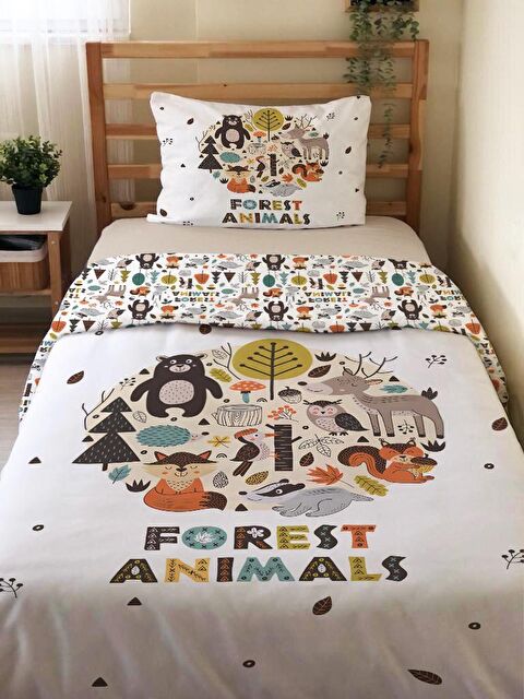 Evmila Çift Taraflı Orman Hayvan Desenli Çarşafsız Takım Tek Kişilik Nevresim Takımı 160x220 Cm - S000123418-23173
