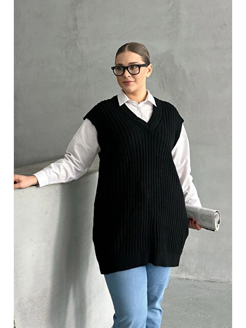 Stil Diva Büyük Beden V Yaka Kısa Kollu Triko Süveter 302134 - S000331922-19351