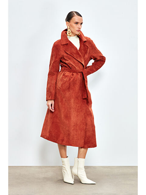 SATEEN Uzun Kadife Trençkot - Gül Kurusu - S000324155-20028